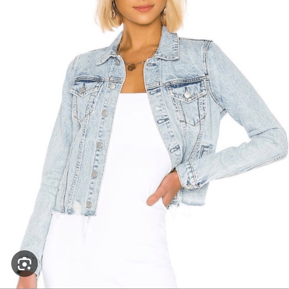 Lovers and friends light wash distressed button up denim jacket